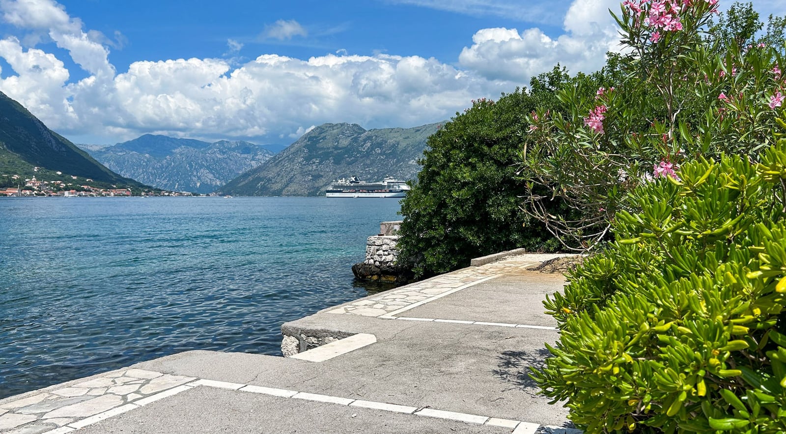 View of the Bay of Kotor from the villa terrace in Dobrota, Montenegro: stone waterfront, mountains, and a cruise ship.