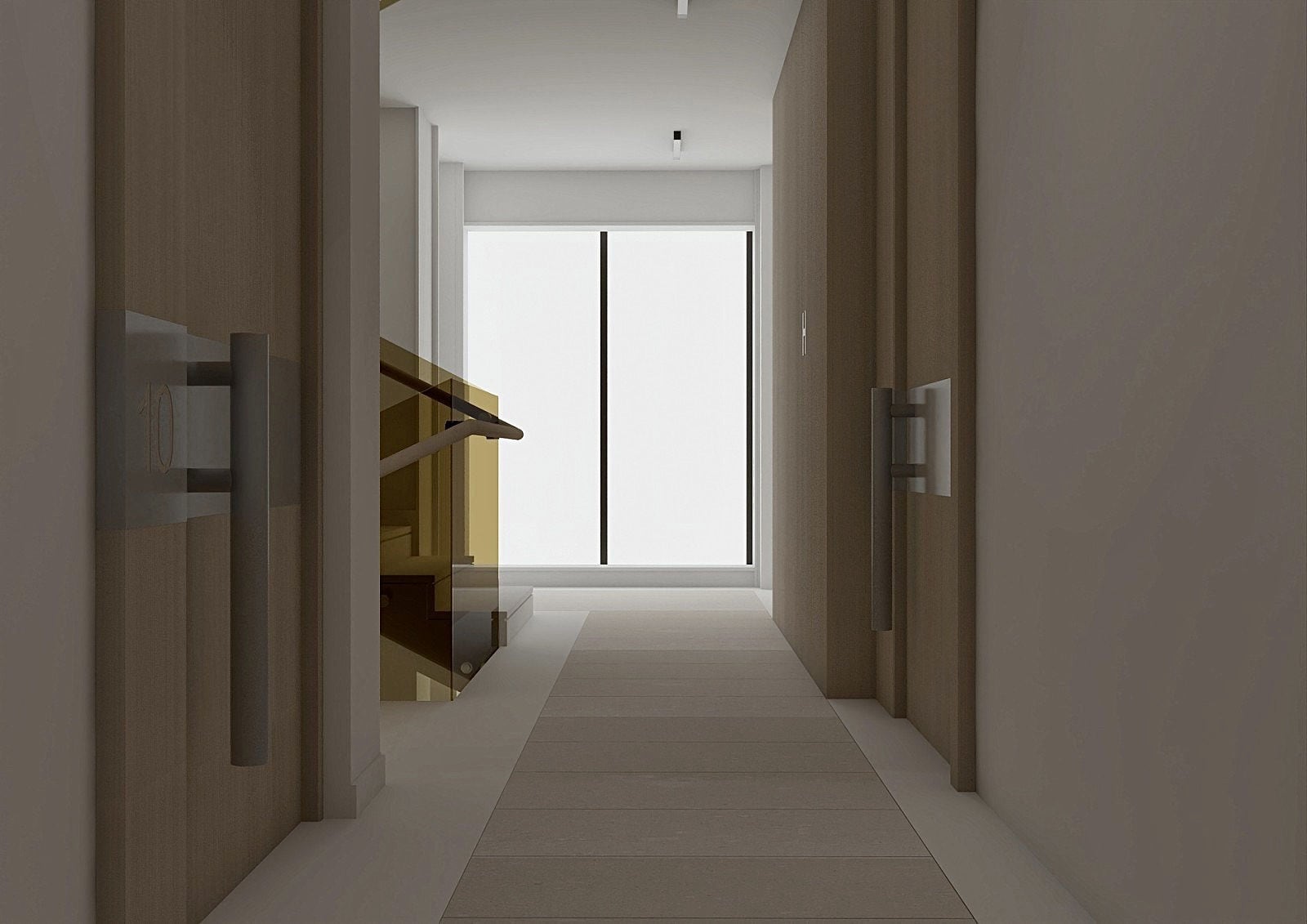 Modern hallway with wooden doors and a glass staircase railing.