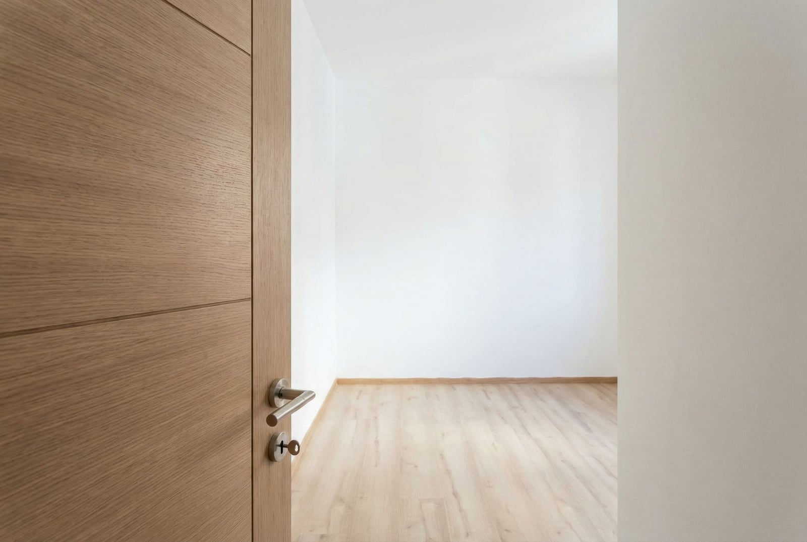 Bright empty room with laminate flooring and an interior door in a new apartment, Budva, Montenegro.