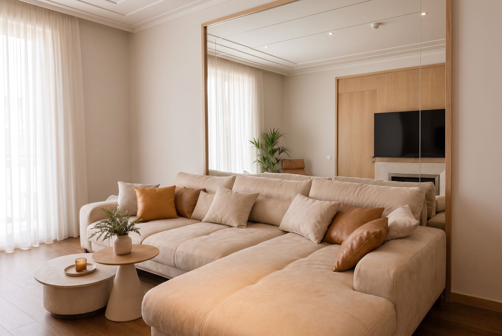 Bright living room with a beige sectional sofa, wooden side table, and large wood-framed mirror.