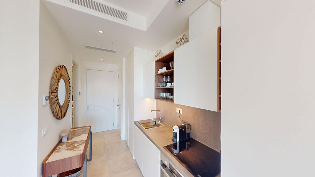 Modern kitchen in an apartment in Luštica, Montenegro: built-in appliances, stylish decor, and a mirror in the hallway.