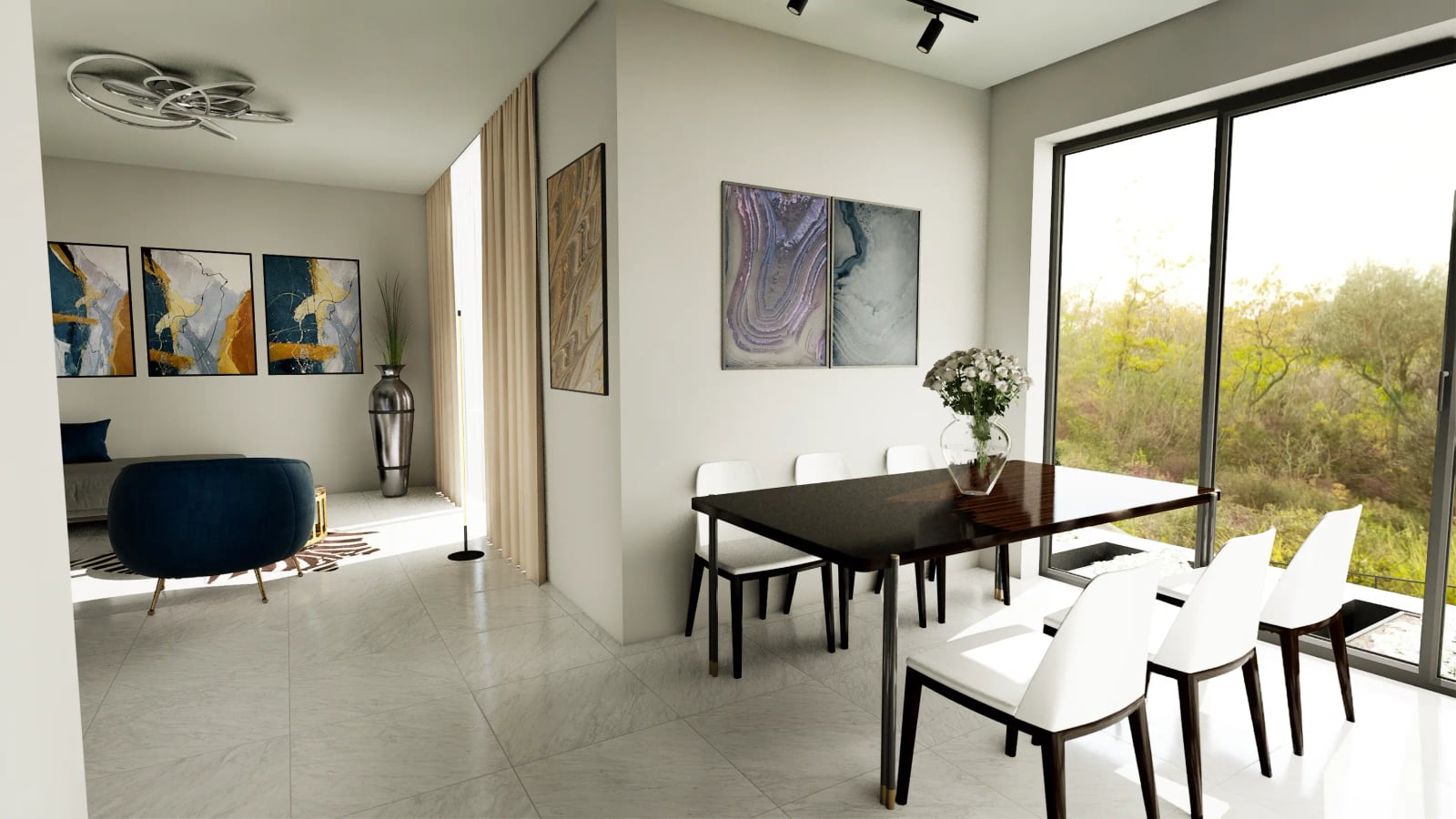 Modern living room with a dining area in a townhouse, Reževići, Montenegro: panoramic windows, stylish furniture, and decor.