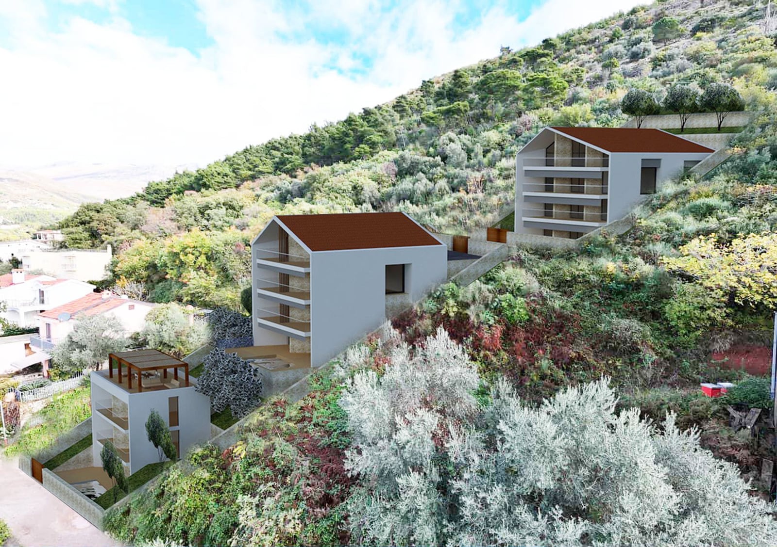 Modern villa project on a mountainside in Budva, Montenegro: visualization of a residential complex with terraces and a view.