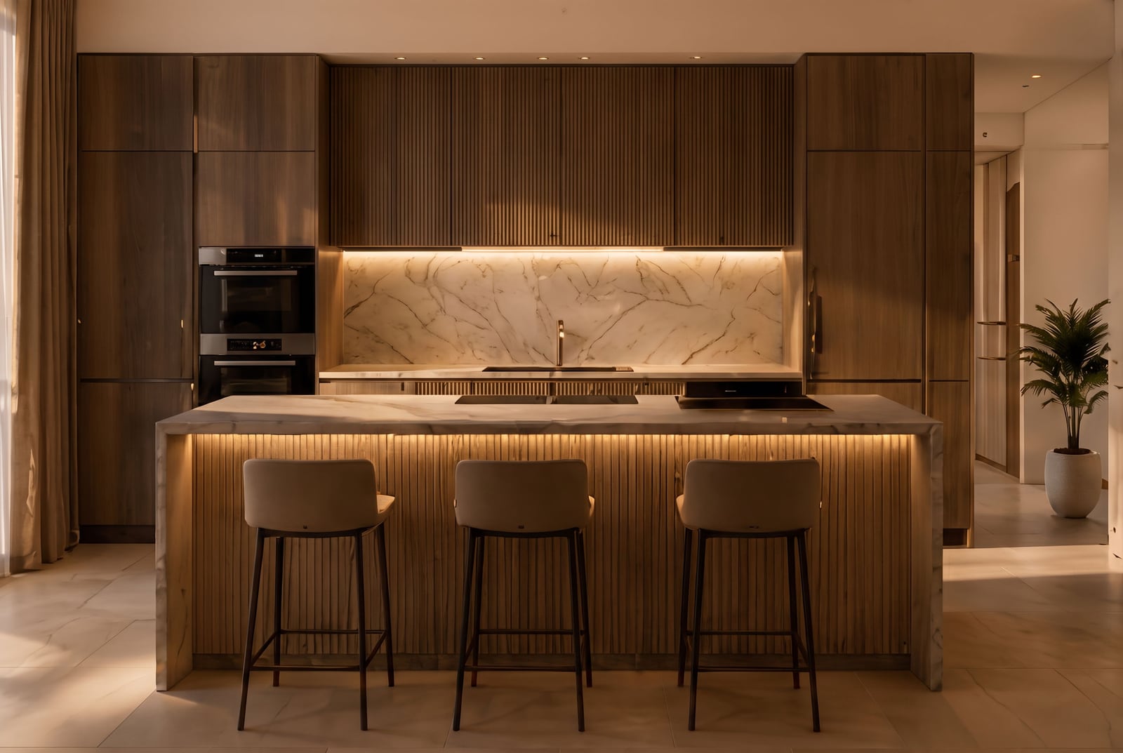 Modern kitchen with wooden cabinets, marble countertops, a central island, and three bar stools.