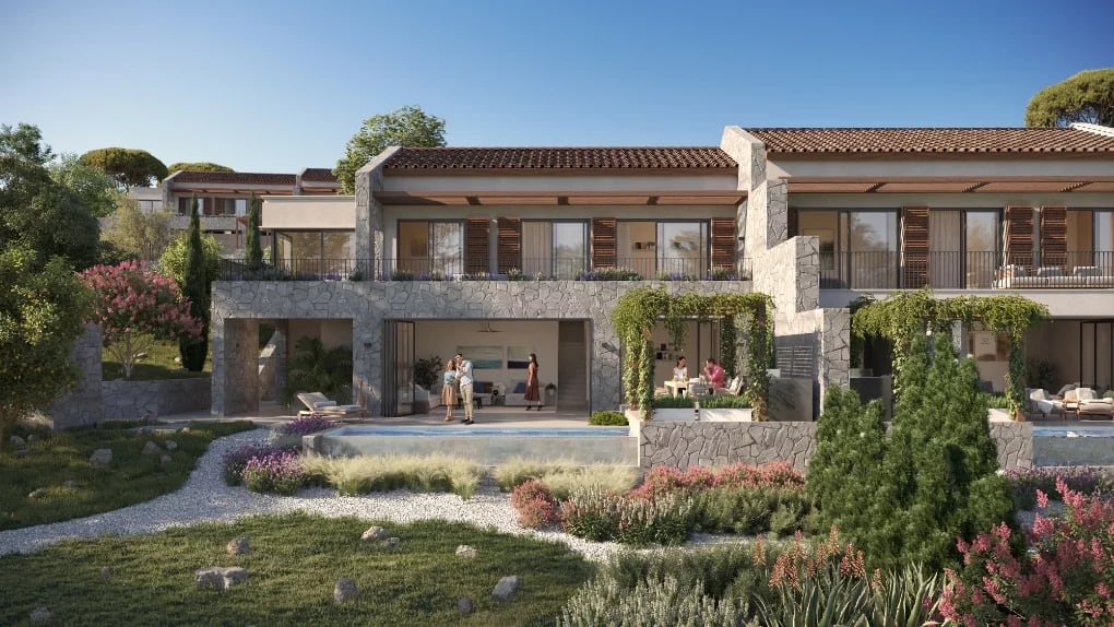 Modern villa with a pool and terrace in Luštica, Montenegro: stone facade finishing, garden and landscape design.