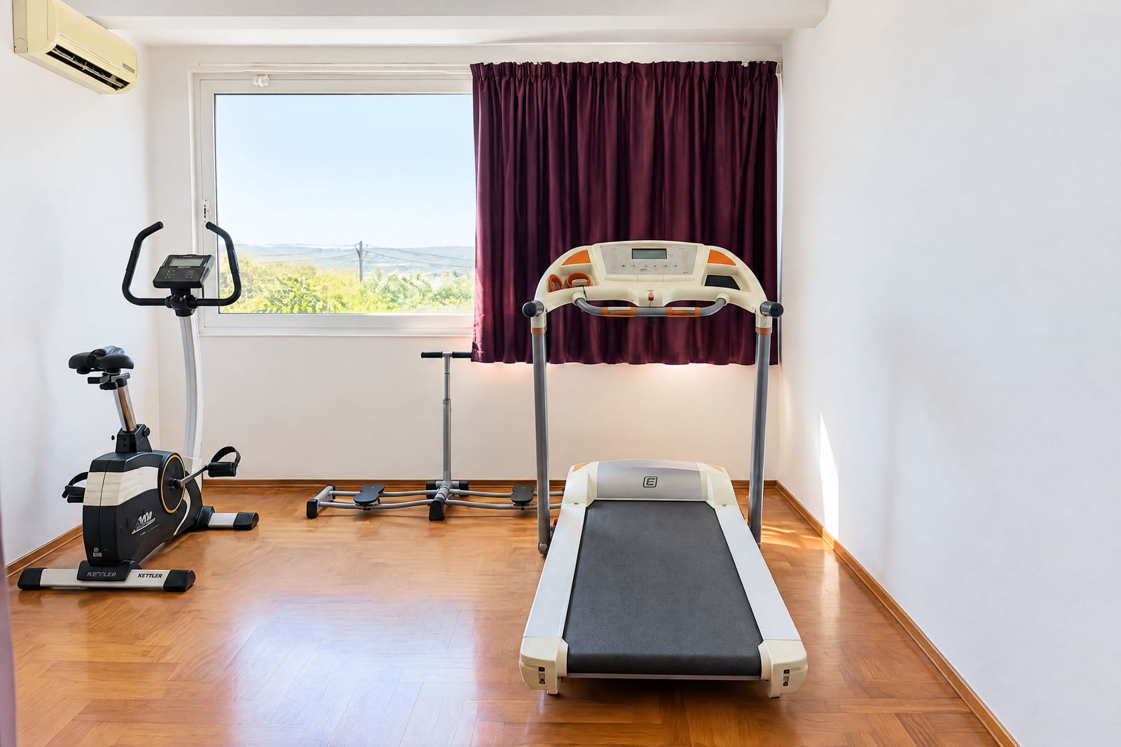 Home gym room featuring a treadmill, stationary bike, and elliptical trainer on wood flooring.