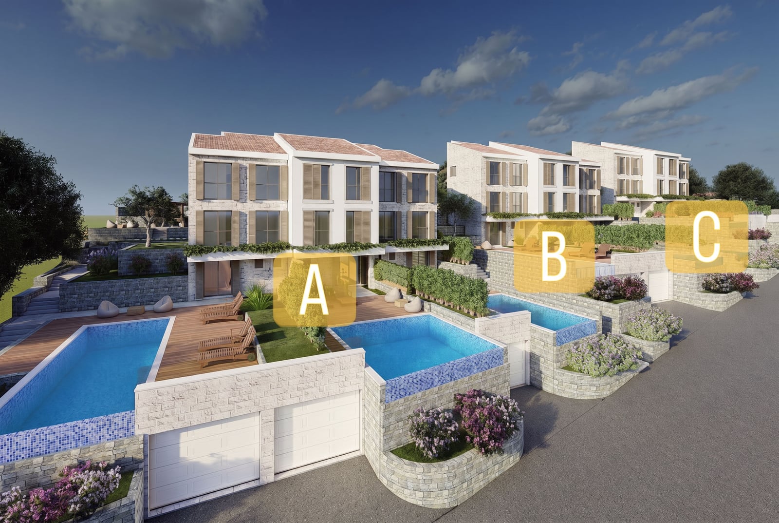 Modern townhouses in Blizikuće, Reževići, Montenegro: villas with private pools, terraces, and garages.