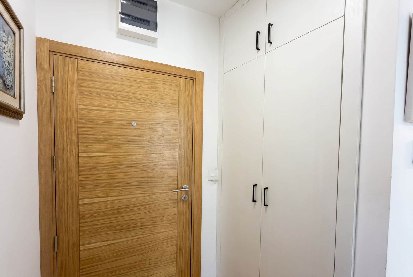 Hallway in an apartment in Bečići, Montenegro: a light built-in wardrobe and a modern wood-look interior door.