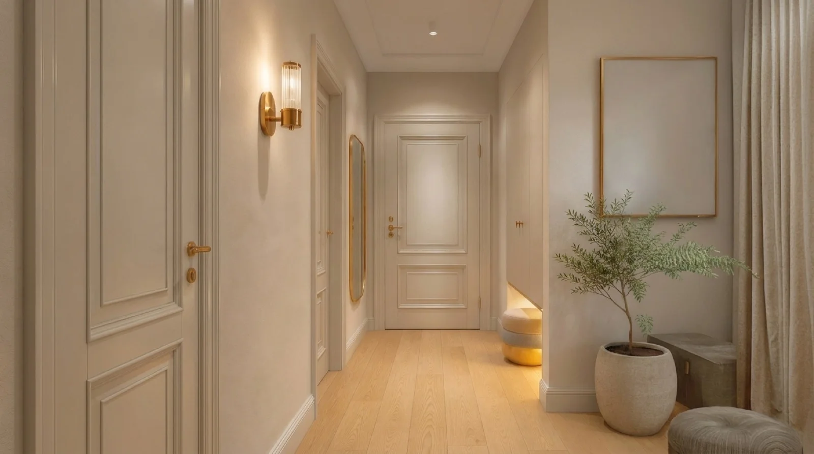 Bright hallway with light wood floors, gold wall sconces, a tall mirror, and a potted plant.