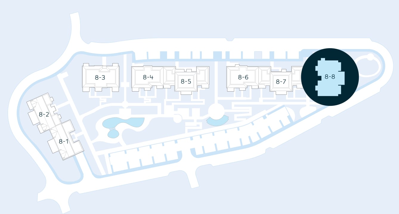 Master plan of the residential complex in Luštica, Montenegro: location of building 8-8 on the site development map.