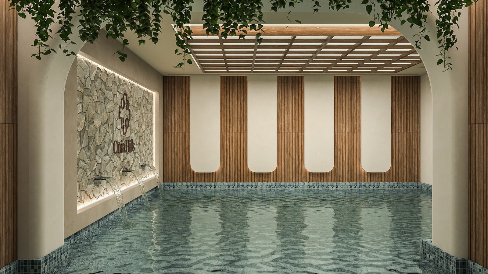 Indoor pool with mosaic tiles, water jets, and a wooden slat ceiling under an archway.