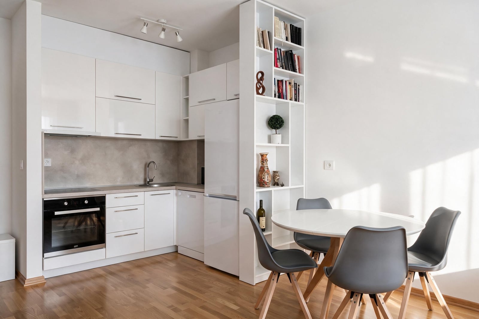 Modern white kitchen with built-in appliances, a dining table, grey chairs, and a tall bookshelf.