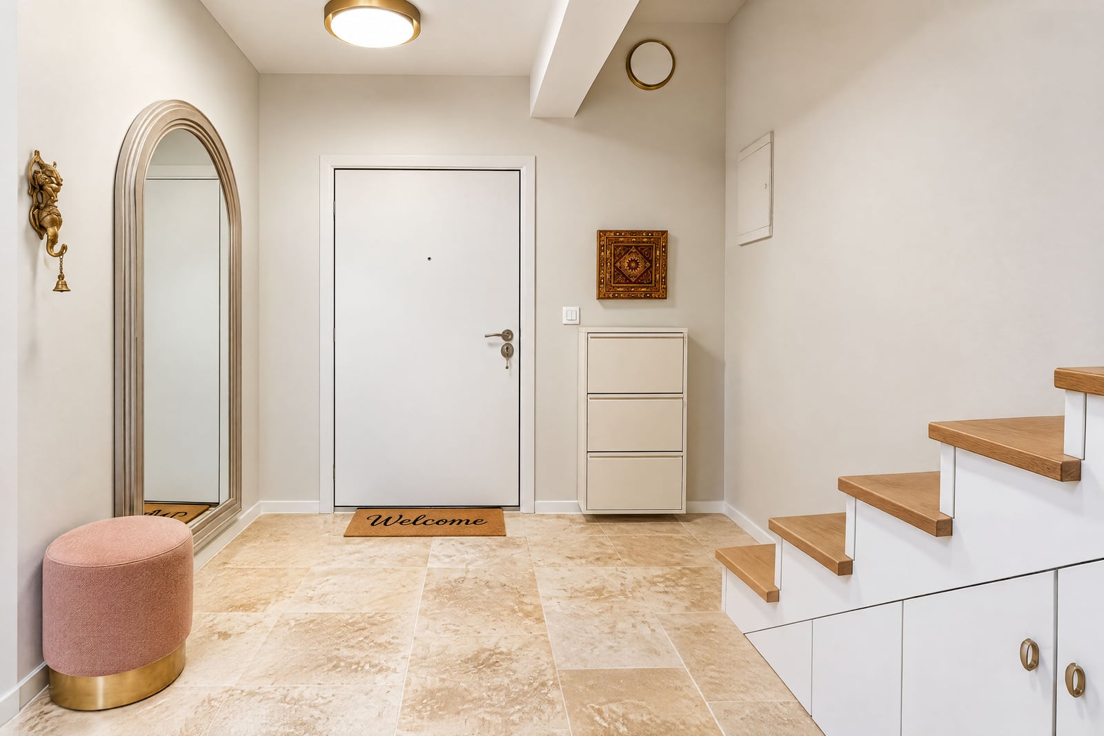 Entryway featuring a white door, arched mirror, pink ottoman, shoe cabinet, and stairs with under-stair storage.