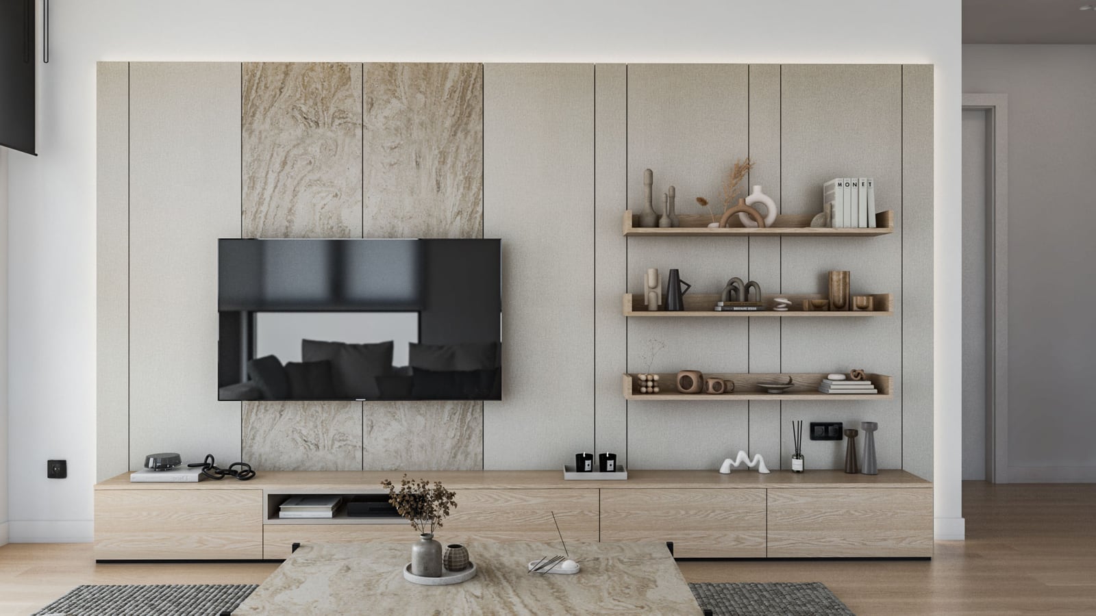 Modern living room featuring a wall-mounted TV, light wood media console, and decorative shelves.