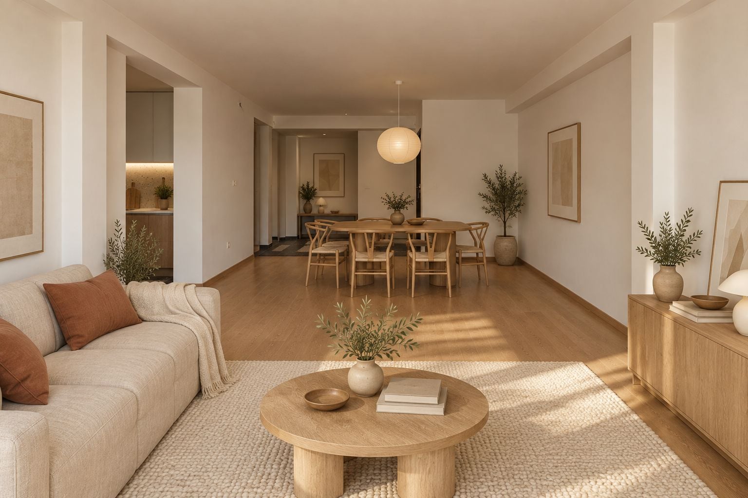 Bright room with a beige sofa, round wooden table, and dining area visible in the background.