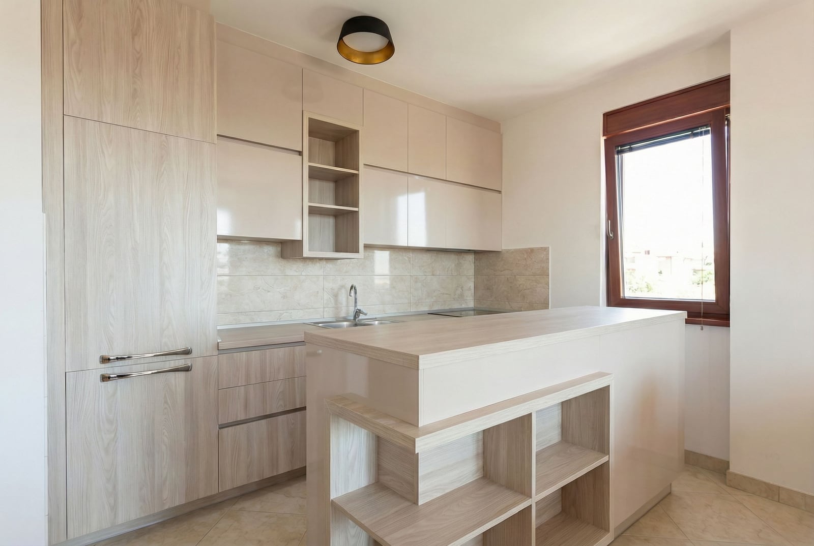 Modern kitchen with light-colored cabinetry and a breakfast bar in an apartment, Bečići, Montenegro.
