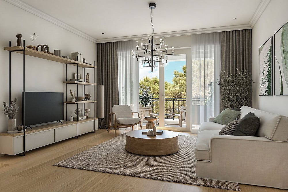 Modern living room in an apartment, Luštica, Montenegro: bright interior, designer furniture, and a terrace with a view.