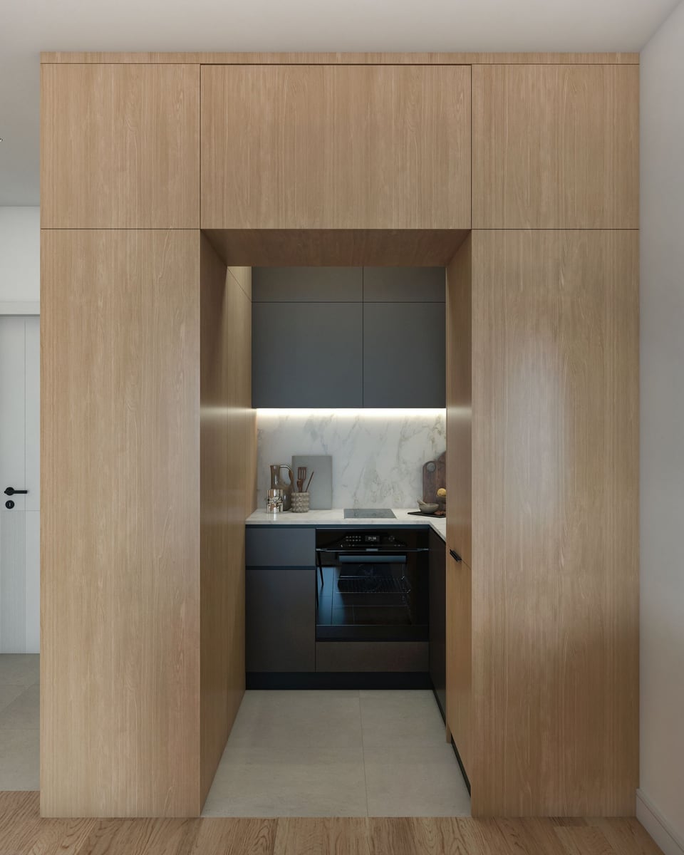 Modern kitchen in Bar, Montenegro: built-in wood-grain cabinetry, dark fronts, and a marble backsplash with lighting.