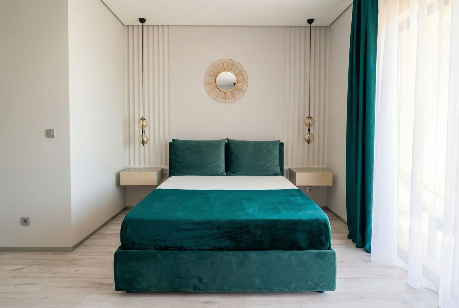 Modern bedroom with an emerald bed in an apartment, Bečići, Montenegro: stylish interior and pendant lights.