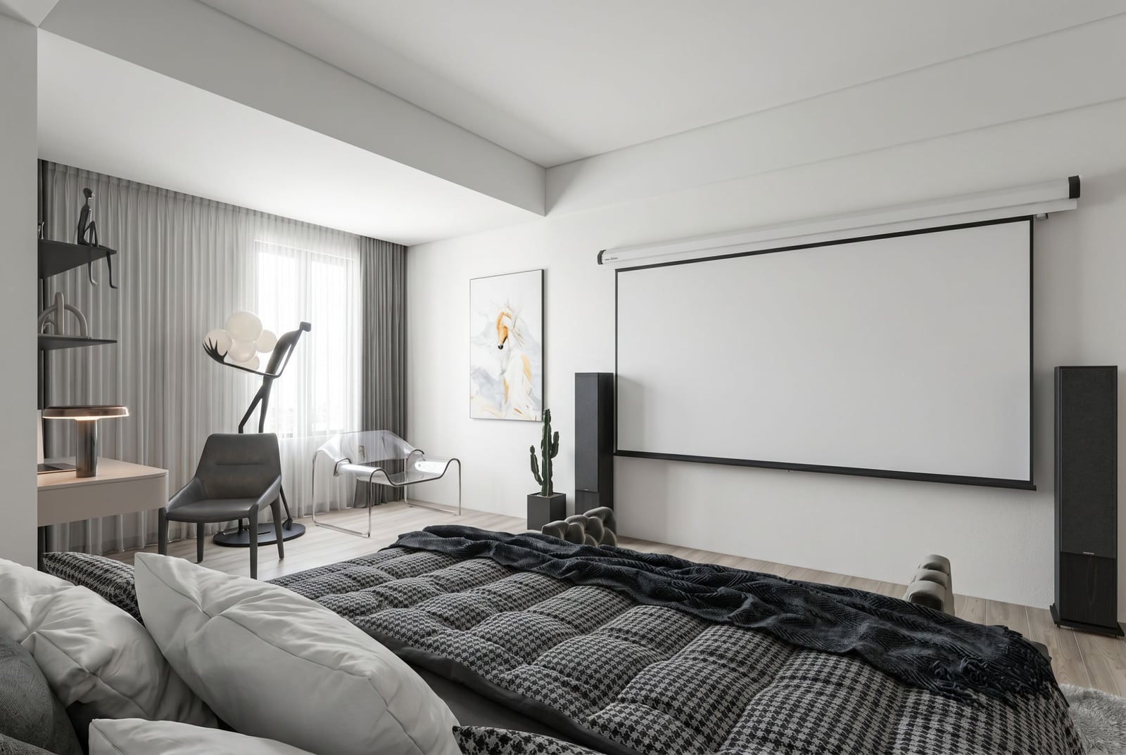 Modern bedroom with a projector in a penthouse, Bečići, Montenegro: designer furniture, panoramic windows, and decor.