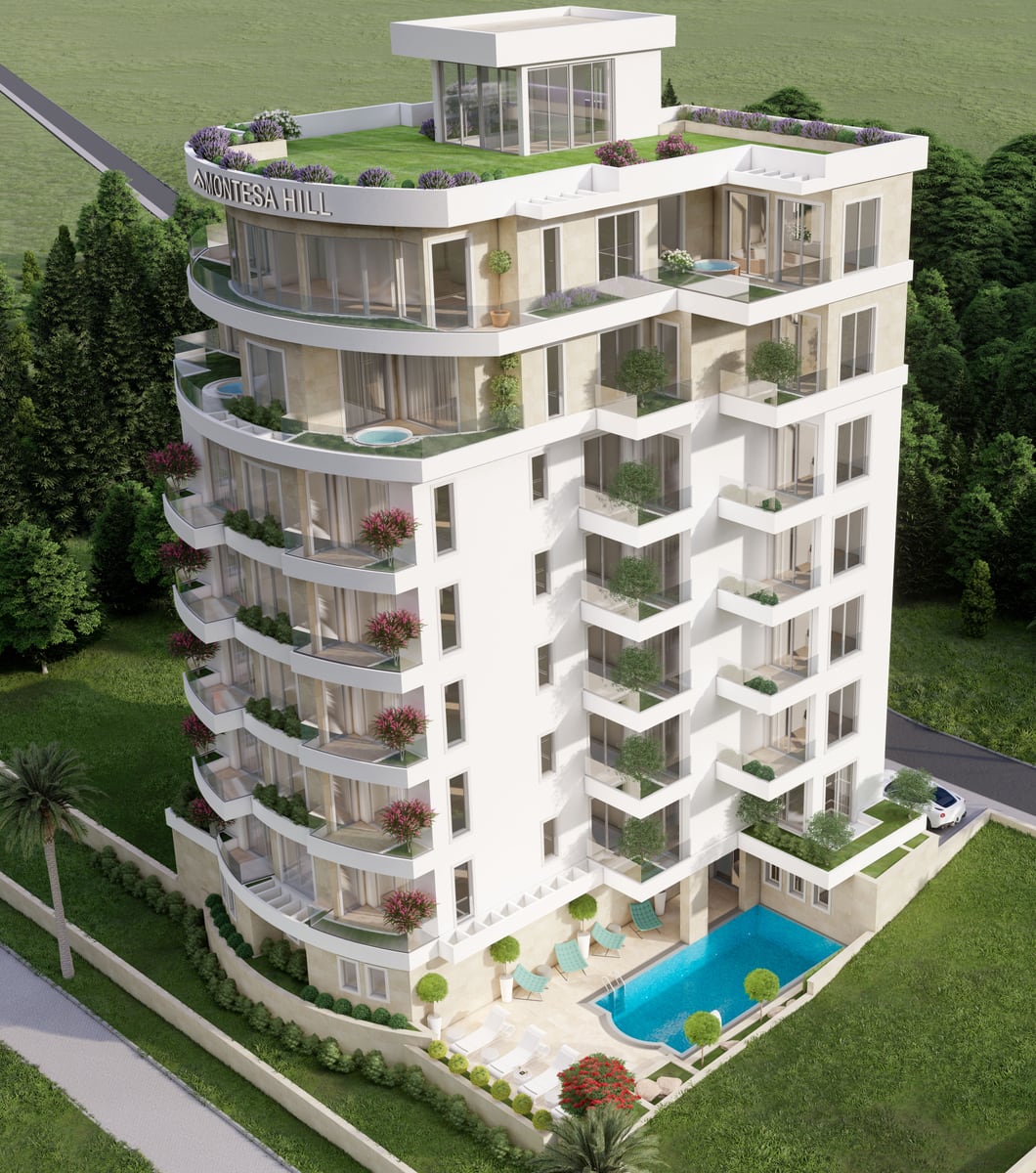 Aerial view of a modern multi-story residential building with balconies, pool, and greenery.