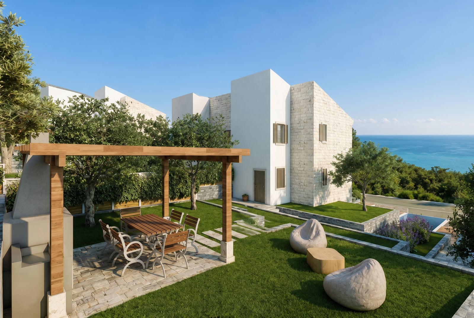 Modern townhouse in Rezevici, Montenegro: terrace with a pergola, barbecue area, garden, and panoramic views of the Adriatic Sea.