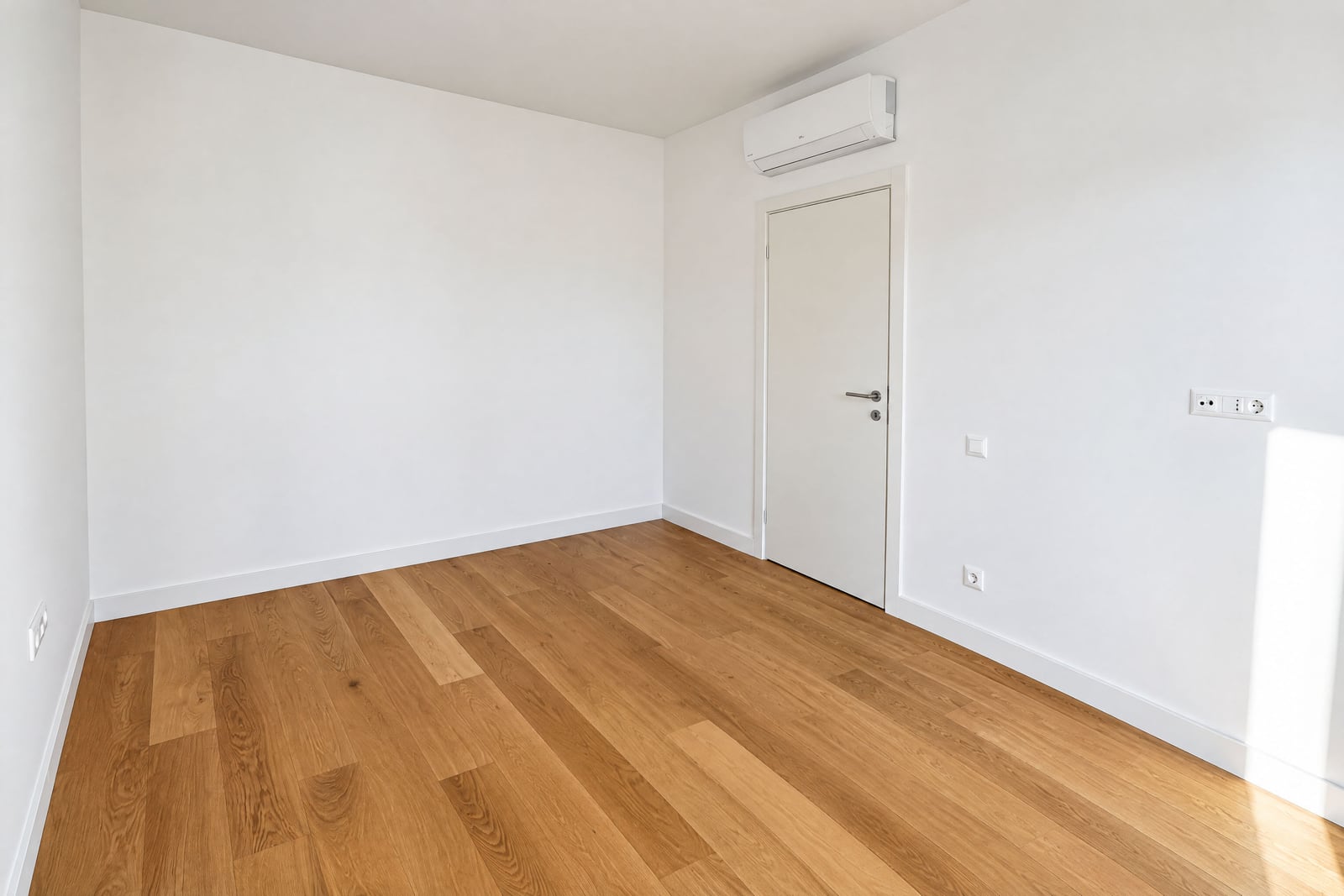 Empty room with wooden flooring, a white door, and a wall-mounted air conditioner unit.