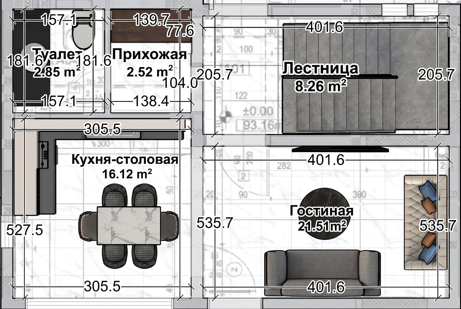 Ground floor layout of a villa in Reževići, Montenegro: living room, kitchen-dining area, staircase, and bathroom with dimensions.