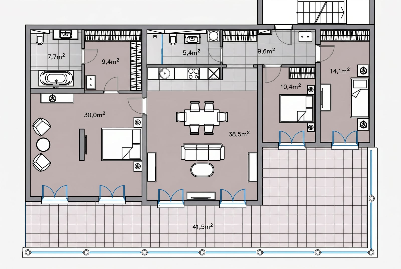 Apartment layout in Kumbor residential complex, Montenegro: spacious living room, three bedrooms, kitchen, and a large 41.5 m2 terrace.