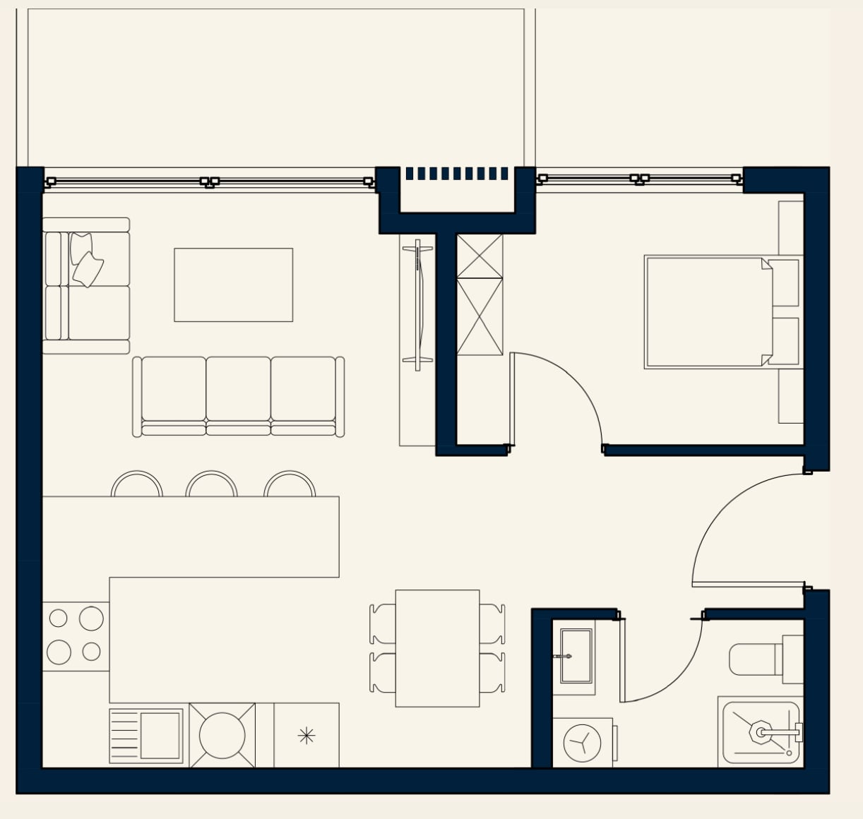 Detailed architectural floor plan of an apartment showing the layout of living room, bedroom, kitchen, and bathroom.
