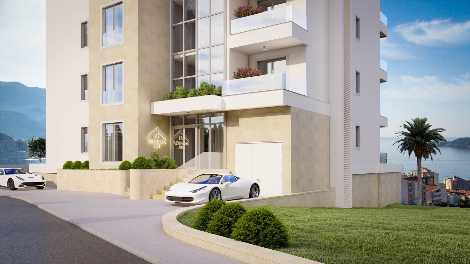 Exterior view of a modern residential building with white sports cars parked near the entrance and balconies.