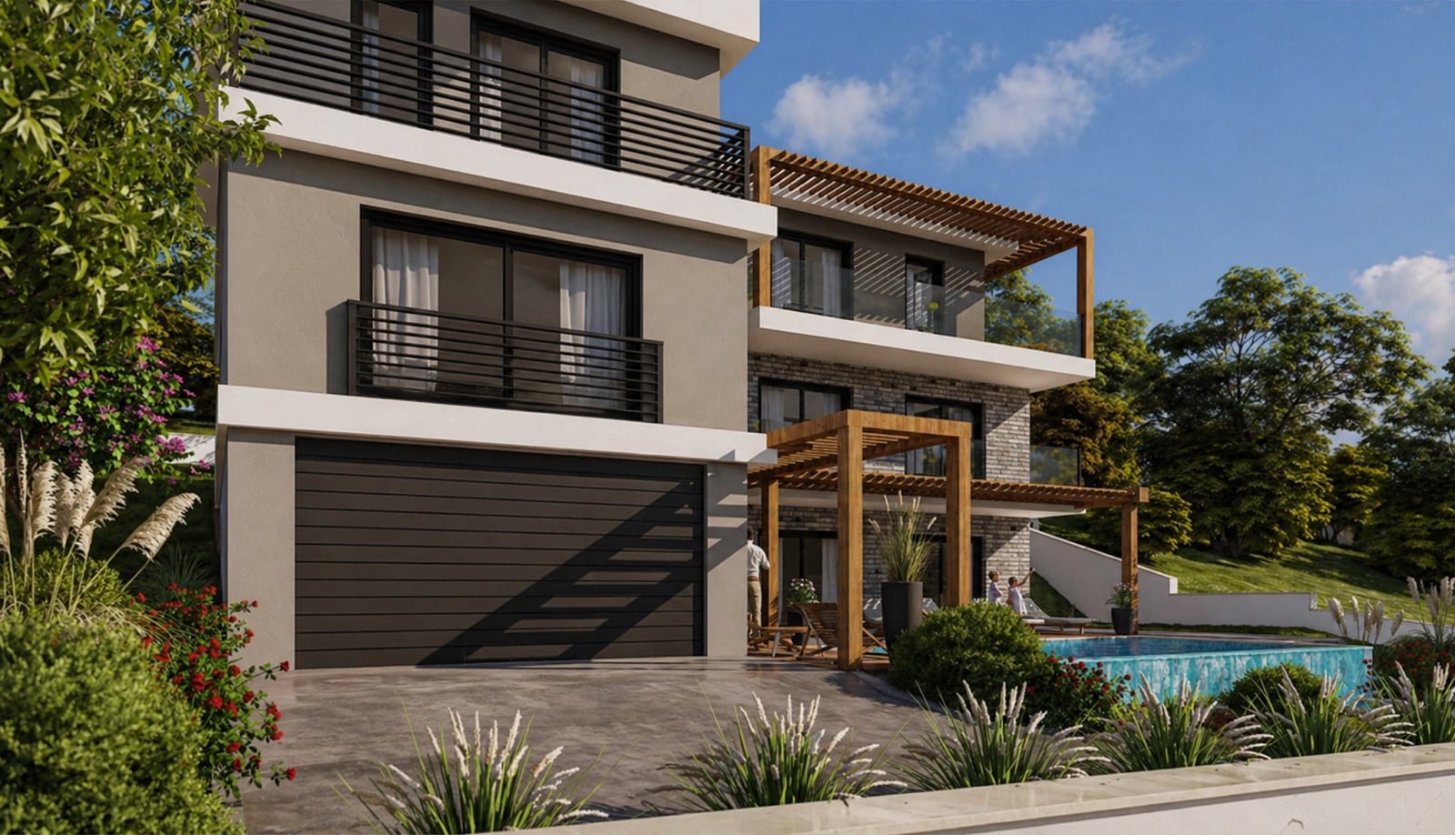 Modern villa in Kotor, Montenegro: facade with pool, terrace, pergola, and garage on the property.