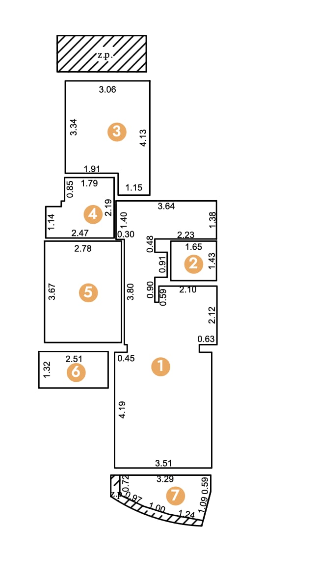 Architectural floor plan of an apartment showing room dimensions and numbered zones.