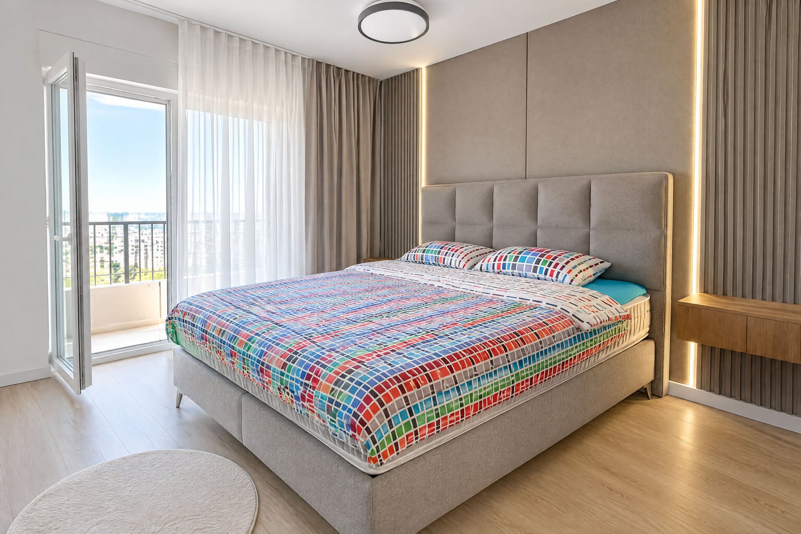 Modern bedroom featuring a large bed with colorful bedding, a grey upholstered headboard, and an open door leading to a balcony.