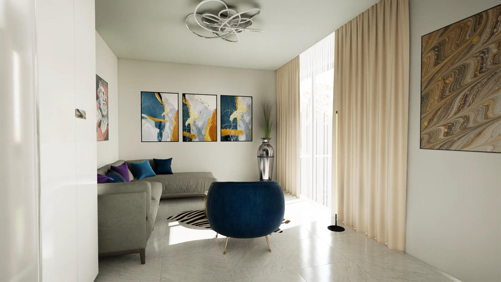 Modern living room in a townhouse, Reževići, Montenegro: gray sofa, blue armchair, panoramic windows, and decor.
