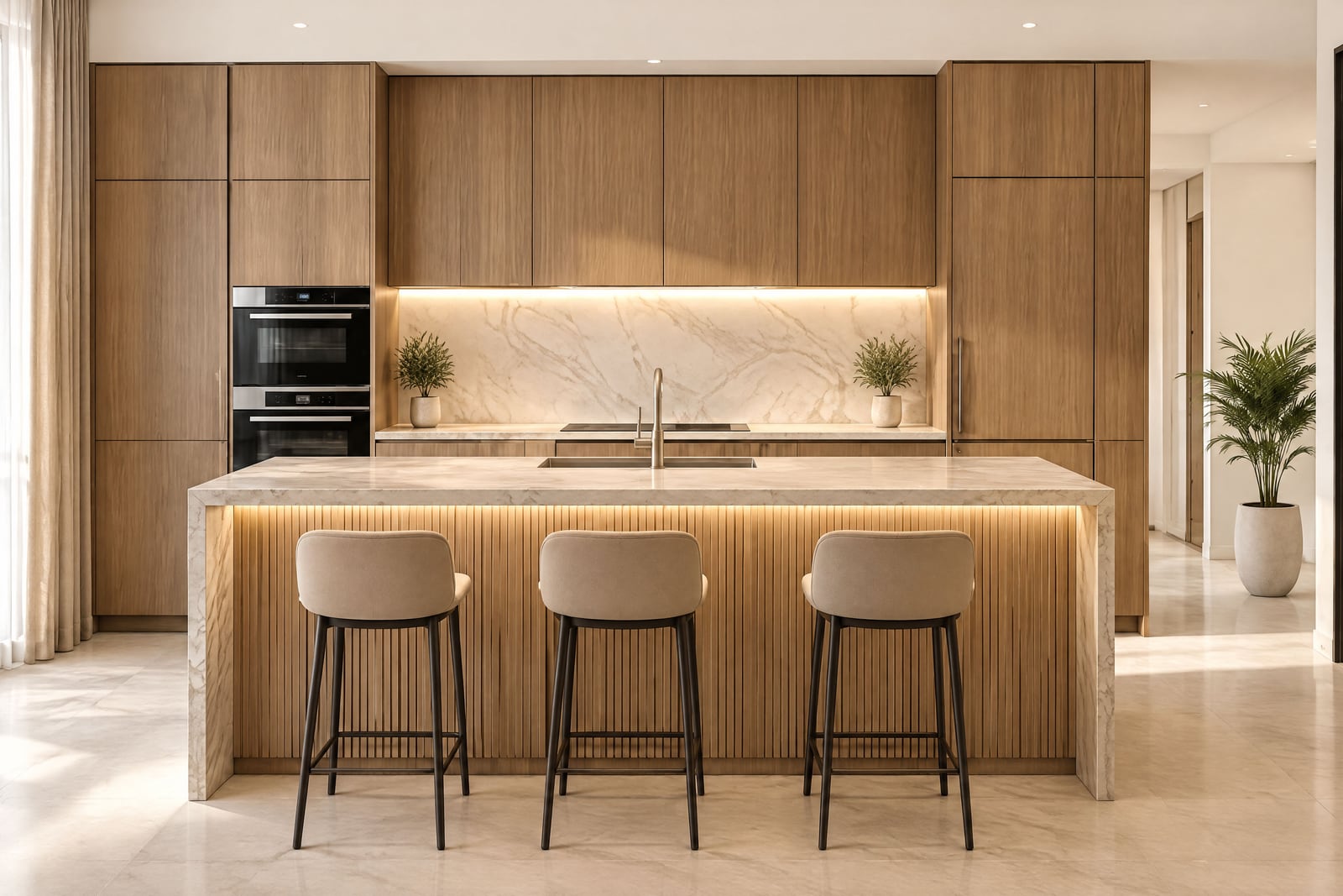 Modern kitchen featuring wood cabinetry, a marble island with bar stools, and built-in ovens.