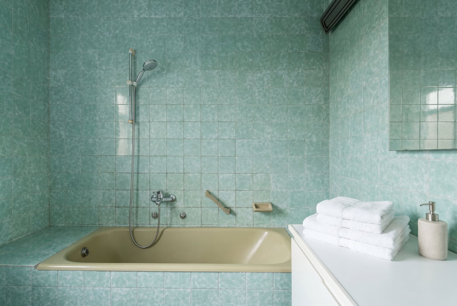 Bathroom in a house in Lastva, Montenegro: turquoise tiles, built-in bathtub, white vanity unit, and mirror.