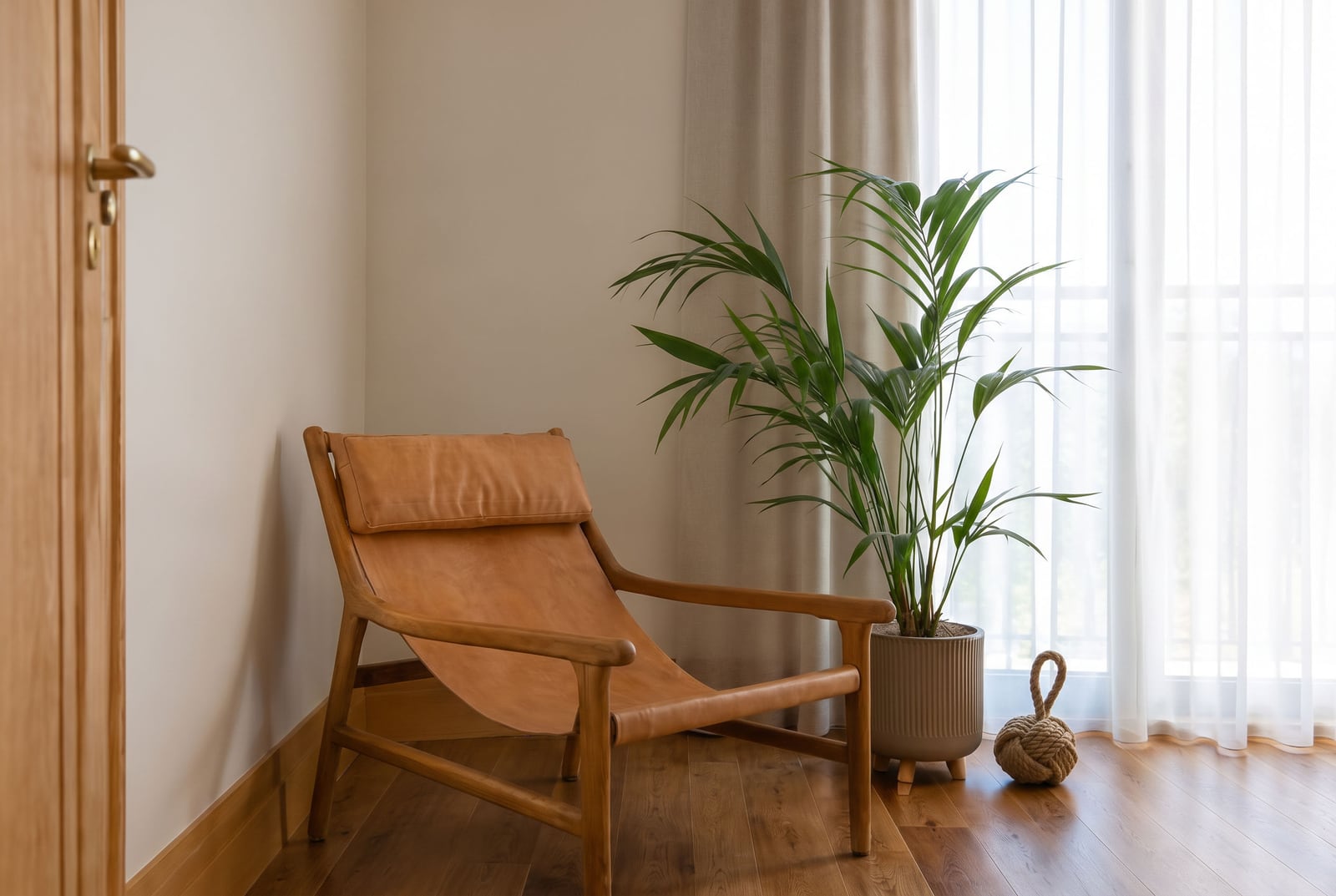 Wooden lounge chair with tan leather near a window with sheer curtains and a large potted plant.