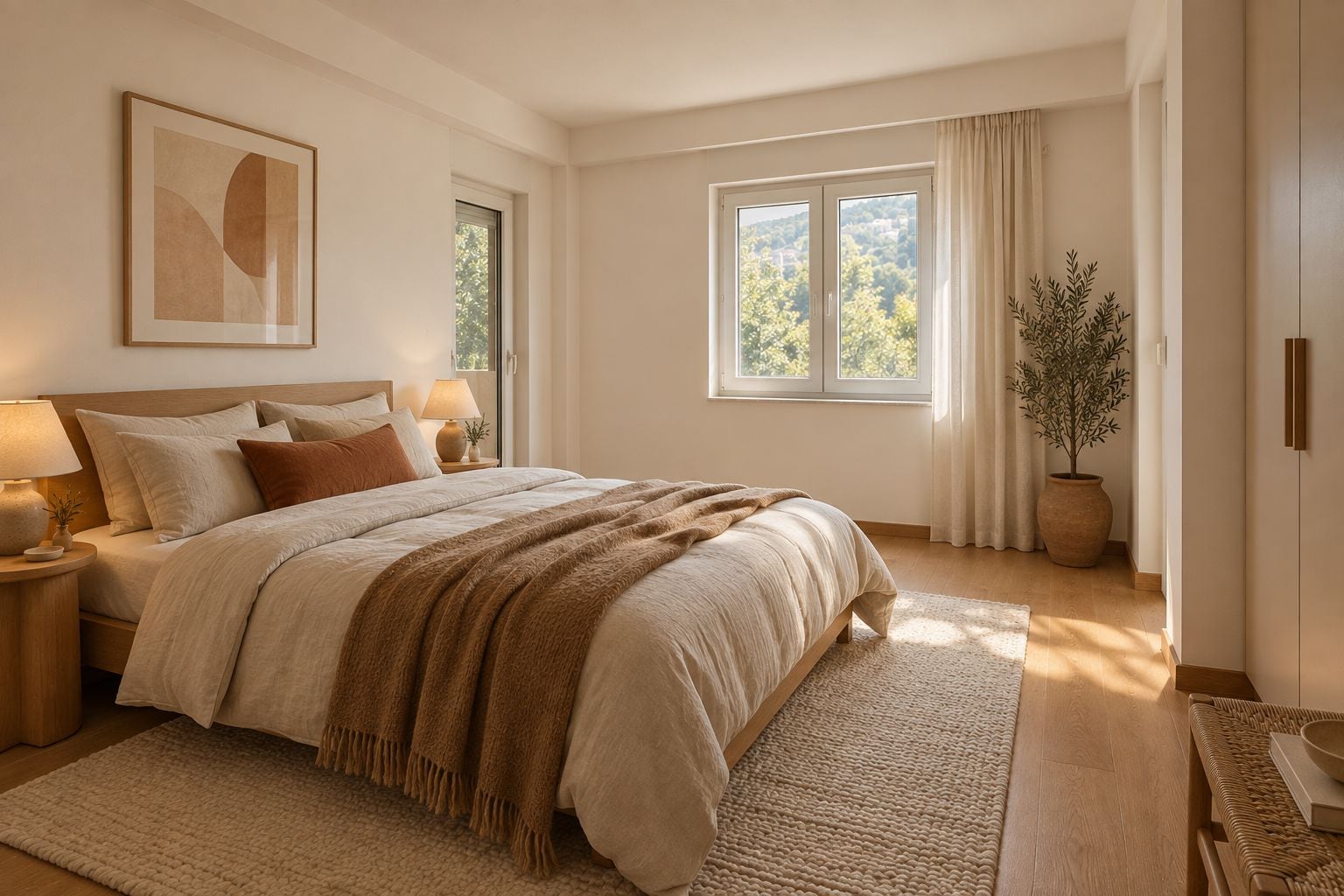Bright bedroom featuring a wooden bed with beige bedding, abstract wall art, side lamps, and a potted plant near the window.