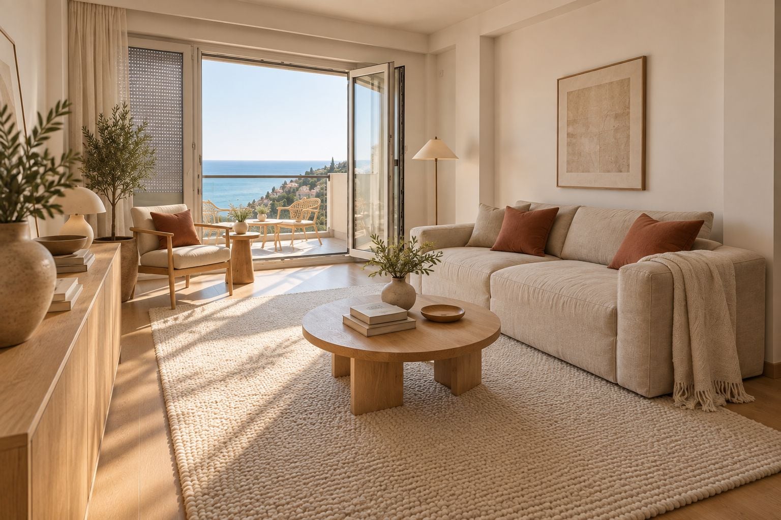 Bright living room with beige sofa, wooden table, and balcony door overlooking the sea.