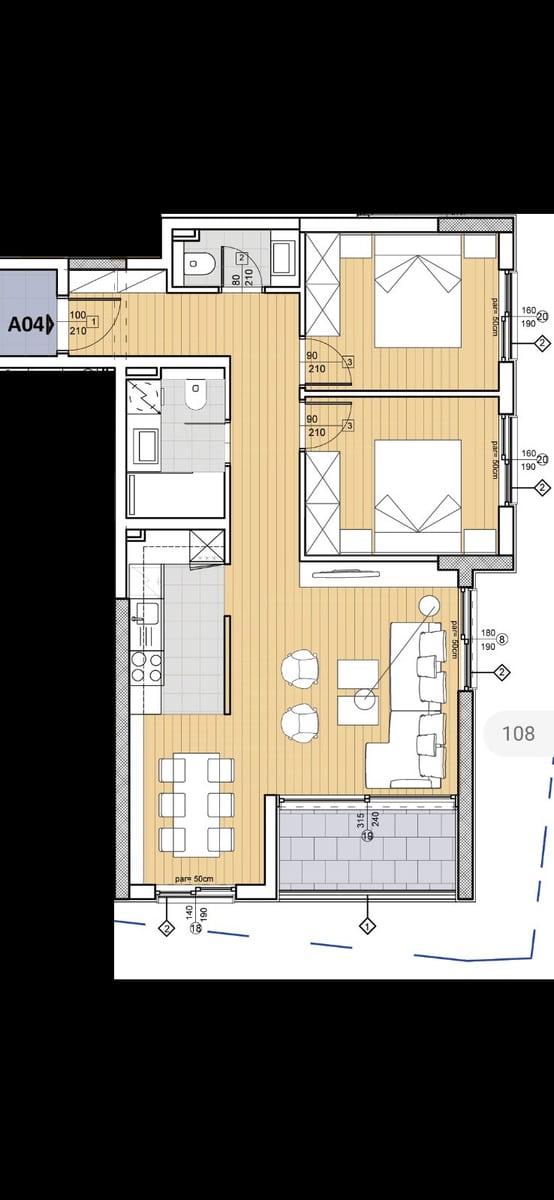 Layout of a modern apartment with furniture, two bedrooms, and a terrace in Budva, Montenegro