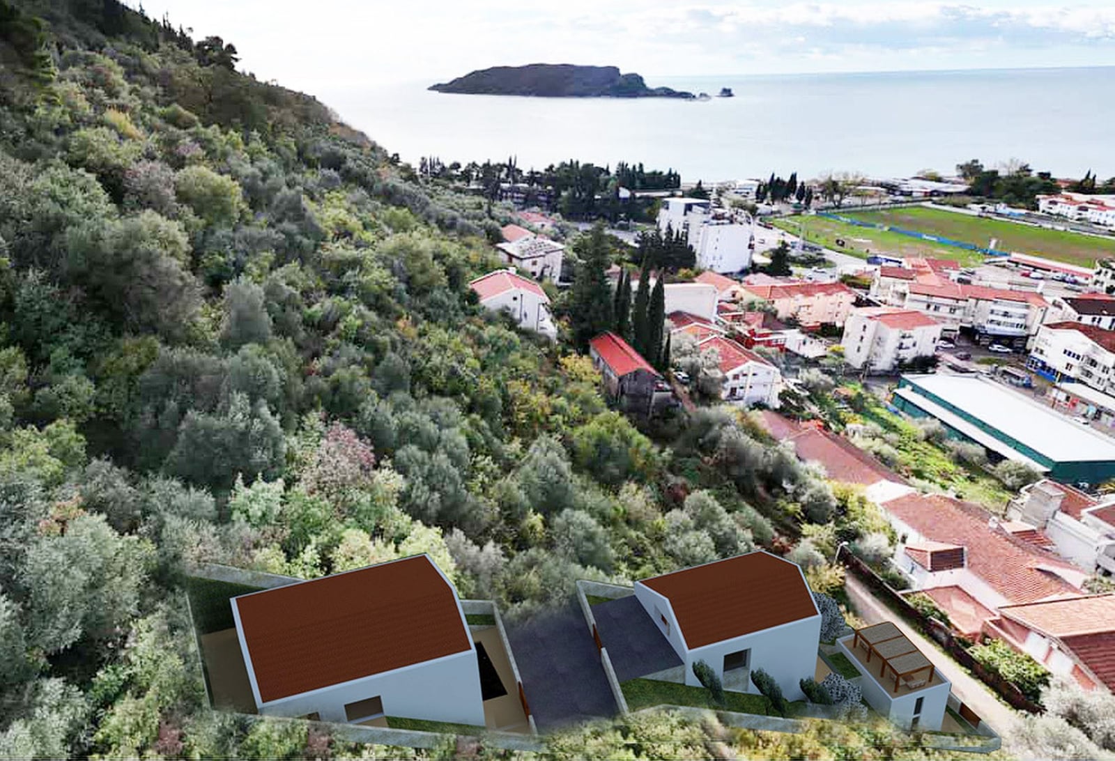 Building plot in Budva, Montenegro, with a panoramic view of the sea, St. Nicholas Island, and the city.