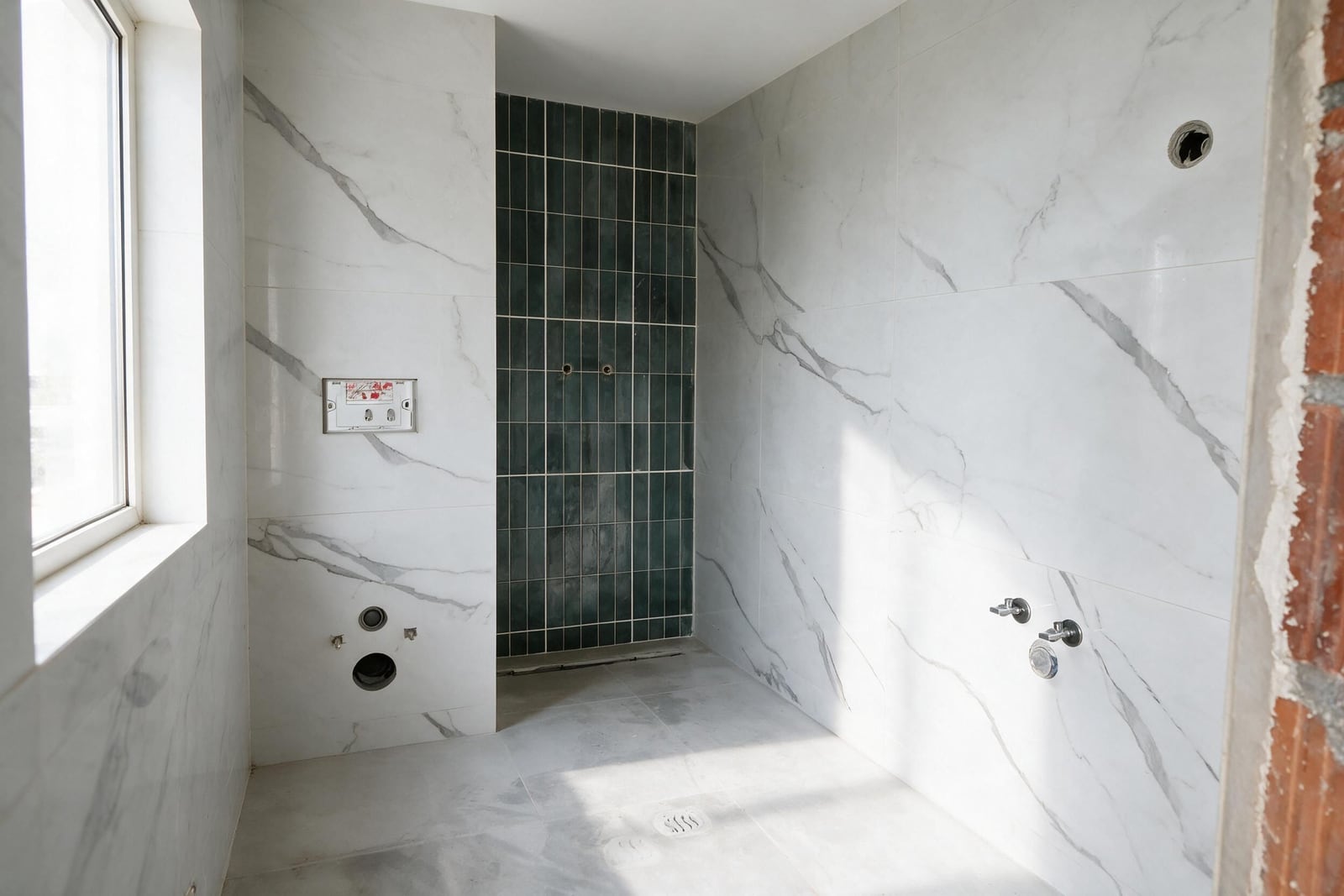 Unfinished bathroom with a shower area, marble tiles, and exposed plumbing fixtures.