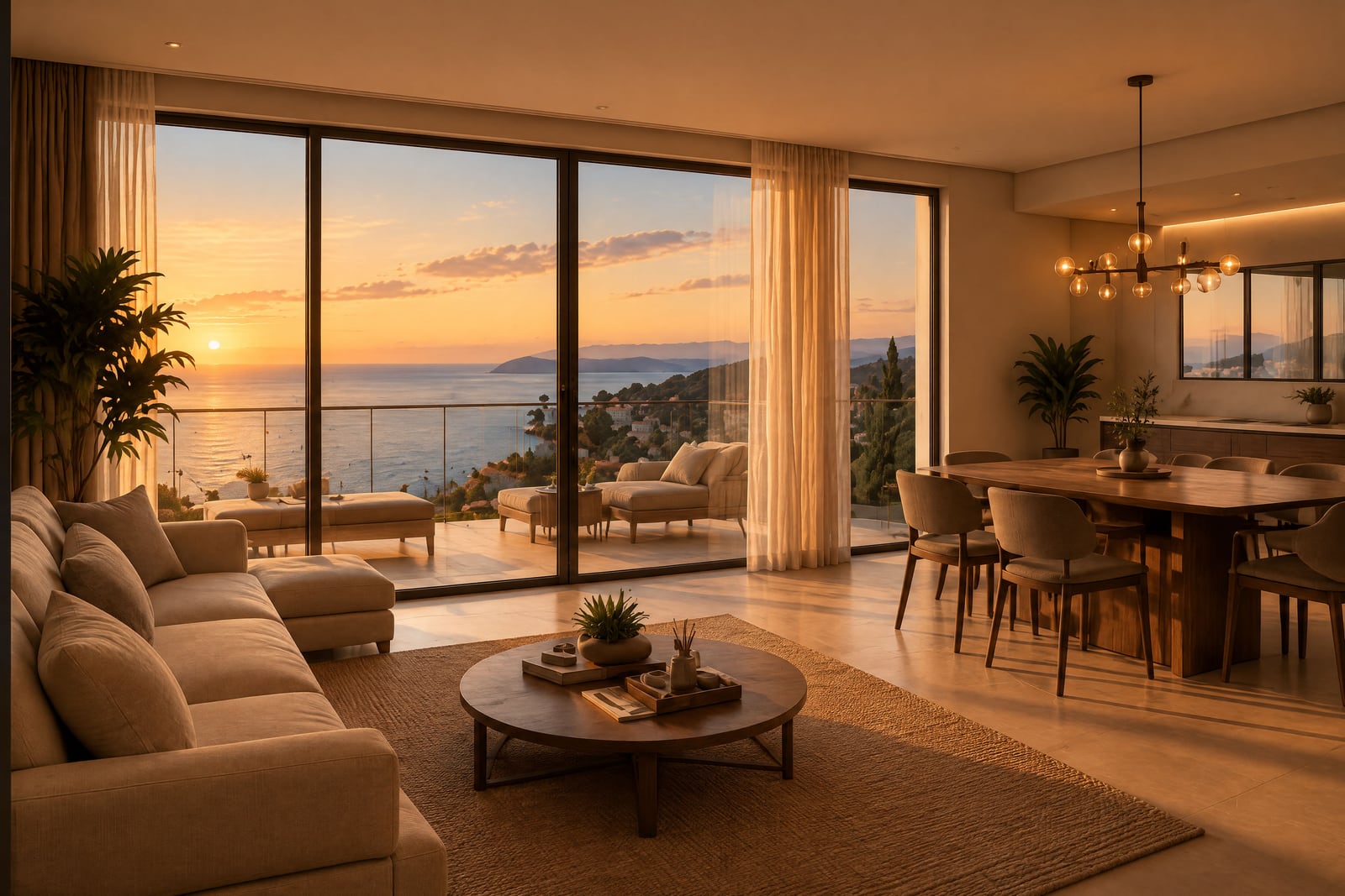 Bright living room with a sofa and coffee table, featuring ocean views through large glass windows.