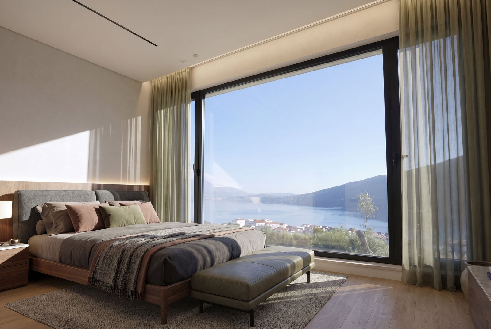 Modern bedroom with a panoramic sea view in a residential complex, Kumbor, Montenegro. Double bed and designer interior.