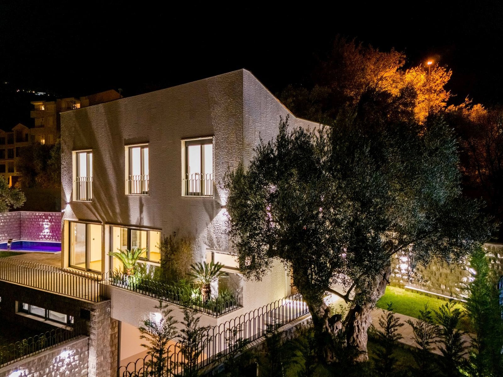 Modern villa with a pool and garden in Kamenovo, Montenegro: night view of the illuminated facade with an olive tree.