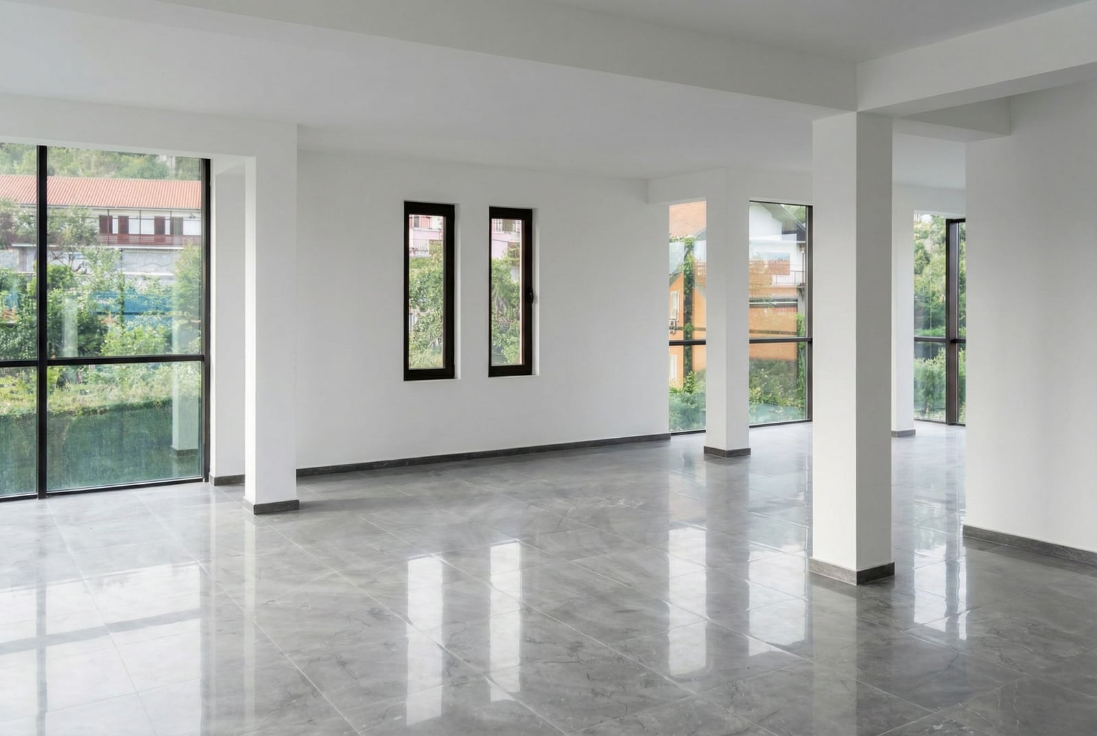 Bright living room with panoramic windows and gray tiled floor in Baošići, Herceg Novi, Montenegro.