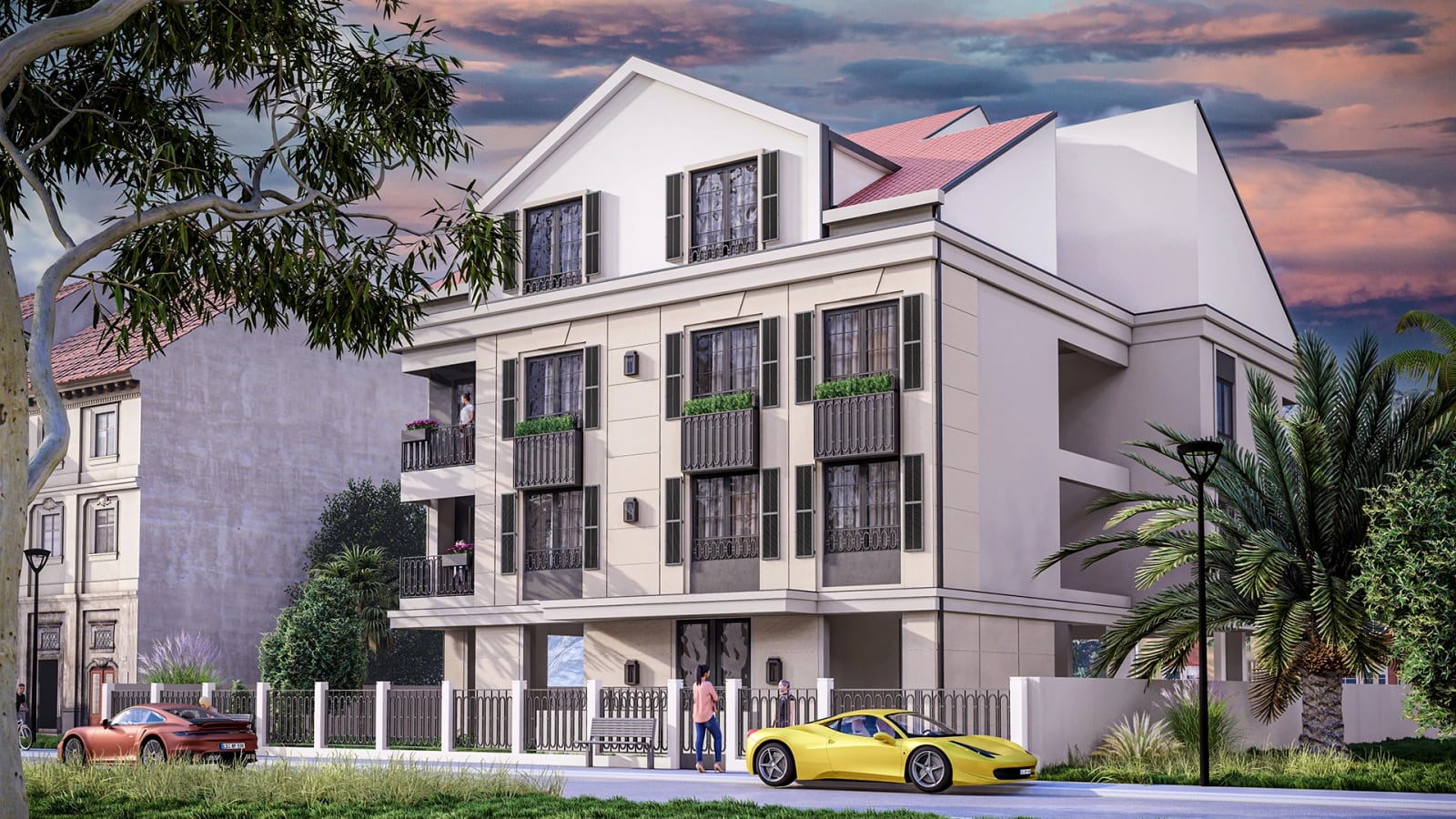 Modern residential complex in Tivat, Montenegro: building facade with balconies, panoramic windows, and stylish finishes.