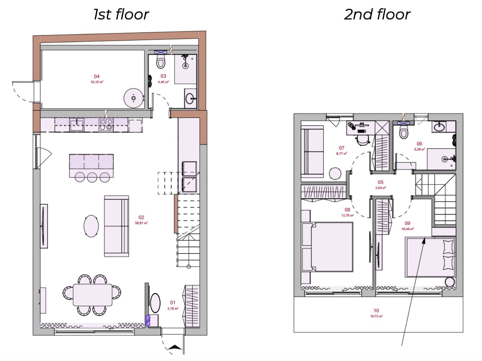 Floor plan of a two-story townhouse in Kavač, Montenegro: living room, kitchen, bedrooms, and terrace shown on the property blueprint.