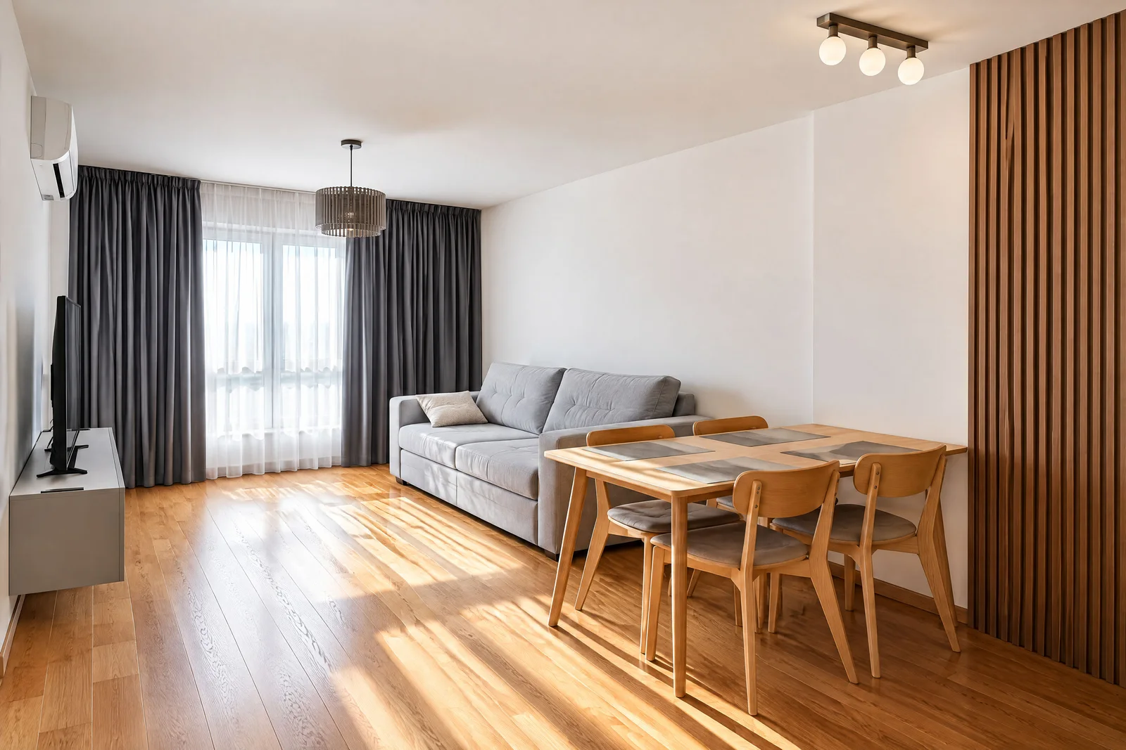 Bright room with a grey sofa, wooden dining table, chairs, and a TV on a floating console unit.